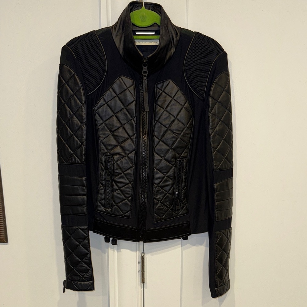Blanc Noir Classic Leather Mesh Moto Jacket, Black, Size Medium